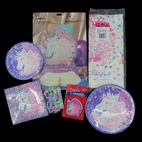 VTG Happy Birthday Kawaii Mystical Unicorn Party Pack 1990s Magical Purple NEW - Picture 1 of 14